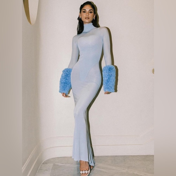 New Alaia Ruffle Dress in Ciel blue long sleeve maxi jersey bodycon